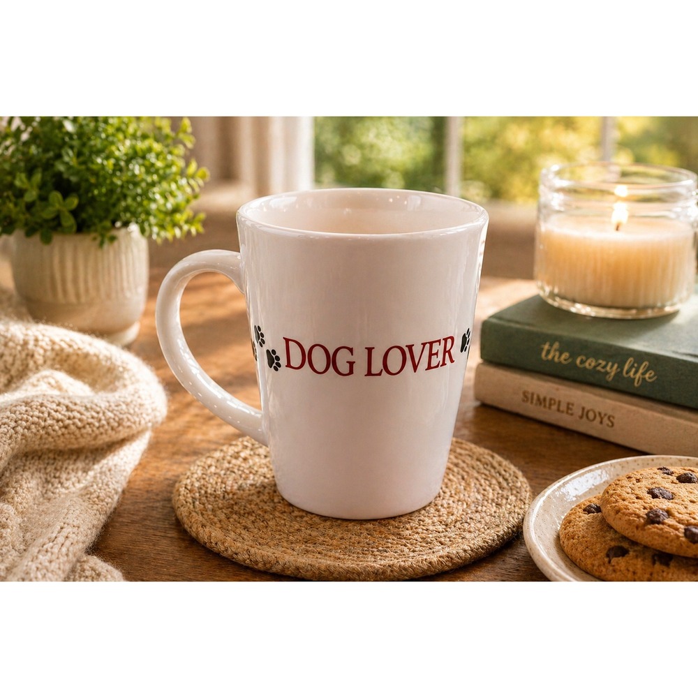 Dog Lover White Ceramic Latte Mug Paw Prints Red Text Tapered Coffee Cup‎ 5in